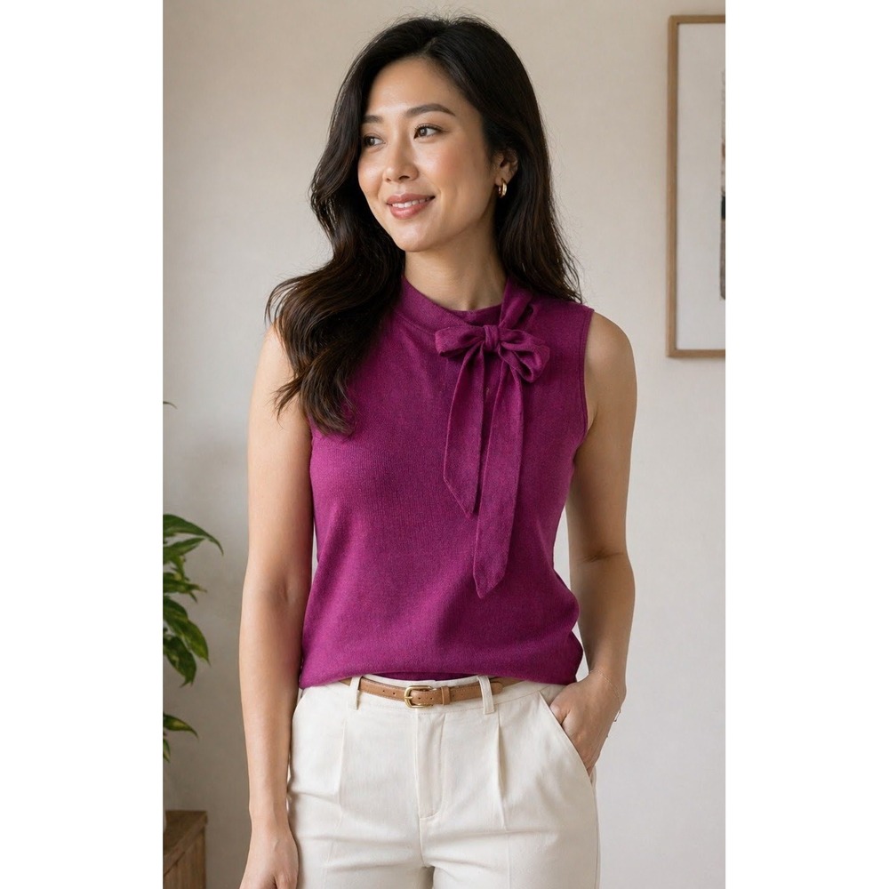 Ann Taylor Silk Cashmere Blend Sleeveless Tie Neck Knit Top Purple L Feminine